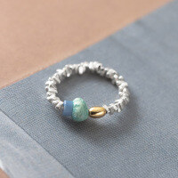 wholesale S925 Sterling Silver Ring with Gold Bean, Crushed Silver, Amazonite, and Blue Aventurine Irregular Cut Women's Ring R00605-S925 silver ring Adjustable opening