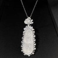wholesale S925 Sterling Silver Women's Agate Necklace, Bestseller New Chinese Style Lucky Bean, Natural High-Ice Chalcedony, Full Diamond Inlay, Exquisite Craftsmanship Chain-White Chalcedony-XL197 Copper