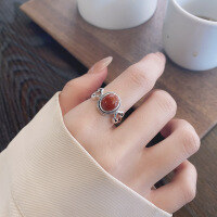 wholesale S925 Sterling Silver Retro Antique Style Inlaid Southern Red Agate Ring, Ethnic Fashion Versatile Ring for Women-1383JM/approx. 3.3g Opening adjustable