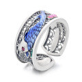 wholesale S925 Sterling Silver Retro Antique Filigree Openwork Lotus Resin Enamel Creative Ethnic Style Adjustable Ring-0-6