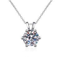 S925 Sterling Silver Moissanite Pendant Necklace, Classic Rabbit Ear Six-Prong Collar Chain-Zircon + O-chain (white gold)  1ct