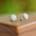 wholesale 925 Silver with Certificate, New Chinese Style Square Ancient Pattern Inlaid Jade Earrings, Simple Hetian Jade Stud Earrings for Women-0-7