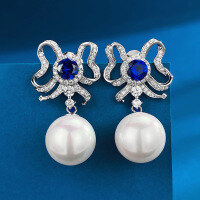wholesale 25 silver new bow-shaped inlaid ruby and sapphire earrings with 13mm pearl for women-E299 Blue Diamond Pearl Earrings>925 Silver