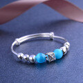 wholesale 990 Sterling Silver Cat's Eye Stone Round Bead Adjustable Bracelet for Girls, Korean and Japanese Style-0-1