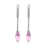wholesale 925 Silver Italian Craft Jewelry Designer Long Earrings, Premium Pink Chalcedony Inlaid Earrings-Pink Chalcedony Earrings