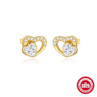 wholesale S925 Sterling Silver Heart Zircon Bow Double Layer Bracelet and Earring Set-Gold-Earrings 925 Silver