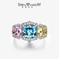 wholesale Metal material first: SPEurope and America new 2-carat oval 8*8 simulated fancy diamond ring in yellow, blue, and pink with full diamond and color clash design-0-0