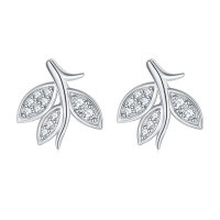 wholesale 925 Sterling Silver Full Diamond Leaf Ring, Wheat Necklace, and Floral Earrings Set for Women-Earrings TLED094 925 silver