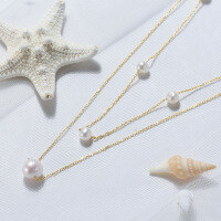 wholesale 925 Silver Cloud-Patterned Necklace, Double-Layer Stacked Natural Freshwater Pearl Collarbone Chain, French Retro Design-10mm baroque pearl, 14K gold &gt; 925 silver