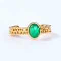 wholesale 925 Silver Gold-Plated Japanese Retro Geometric Green Agate Women's Ring, Mori Girl Light Luxury Wish Feather Open Adjustable Ring-0-1