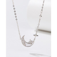 wholesale 925 Sterling Silver White Mother-of-Pearl Shining Star and Moon Necklace for Women, Small and Trendy High-End Design, New Style Versatile Collarbone Chain-Star and Moon Necklace Platinum &gt; 925 Silver