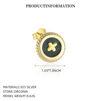 wholesale S925 Sterling Silver Round Vintage Button Earrings with Inlaid White Shell, Luxury Advanced Style, Cross-Border Wholesale-YE0206_Malachite_18K Yellow Plated_Pair_With Small Flower Ear Caps 925 Silver