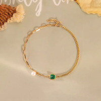 wholesale S925 Sterling Silver Red Elk Bracelet with Pearl and Green Square Zirconia, Japanese Minimalist Style Personalized Women's Accessory-BS0264-Gold 925 Silver