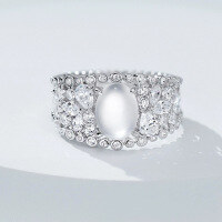 wholesale Metal: S925 Silver Ins style pure silver hollowed-out water foam jade 6*8 ring new Chinese style cabochon ring-R963 Water Jade Ring Size 8