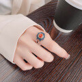 wholesale S925 Sterling Silver Vintage Ethnic Style Pattern Drip Glaze Resin with Southern Red Accent Elegant Open Ring-0-2