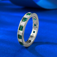 wholesale S925 Sterling Silver Artificial Princess-Cut White and Green Zirconia Row Diamond Ring Band Cross-Border Style-R1248 White and Green Princess Square Ring No. 6