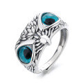 wholesale S925 Sterling Silver Retro Heavy Craft Light Luxury Blue Eye Owl 3D Punk Style Trendy Adjustable Ring-0-4