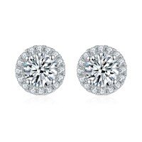 wholesale 18K White Gold Plated Silver D Color Classic Round Moissanite Halo Stud Earrings for TikTok Kuaishou Live, Versatile and Stylish-50 points