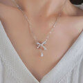 wholesale S925 Silver Bow Tassel Necklace for Women, Set with Zircon, Fairy-like Collarbone Chain, Gentle Necklace-0-3