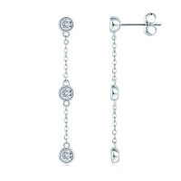 Sterling Silver Moissanite Chain Tassel Earrings, Wholesale.-Tassel Three-Diamond Earrings [White Gold]  925 Silver