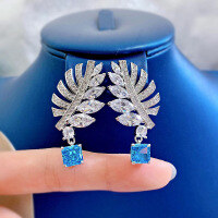 wholesale 925 Silver High-Carbon Diamond Earrings with Hand-Set 7*7 Aquamarine Princess-Cut Feather Drop Earrings-Aquamarine Earrings 925 Silver