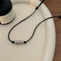 wholesale Sterling Silver Perseverance S999 Nine-Eye Dzi Bead Pendant Necklace, Retro Minimalist Niche Hip-Hop Wax Rope Collarbone Chain in an Aloof Style-Imitation silver dzi beads (small)