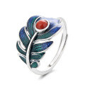 wholesale S925 sterling silver retro palace-style creative resin enamel feather-shaped ring inlaid with southern red agate-0-6