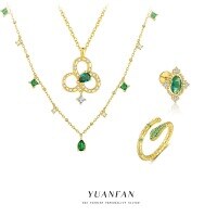 wholesale S925 Sterling Silver Four-leaf Clover Necklace, Adjustable Snake Ring, And Emerald Zircon Earrings Set-Green Nano Set - 4-Piece Combination Pack A2972-K2257-YA0464-E4825 925 Silver