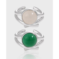 wholesale S925 Sterling Silver Women's Ring with Small Niche, Unique, Elegant, and High-End Irregular Hollow Line Design Featuring White Agate-Platinum Chrysoprase【No. 15/Adjustable】>Adjustable opening