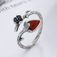 wholesale S925 Sterling Silver Vintage Floral and Foliage Design Inlaid with Southern Red Agate Elegant Adjustable Ring-YJ808M/approx. 2.3g Adjustable opening
