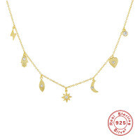 wholesale S925 Sterling Silver Geometric Lightning and Star Pendant Necklace-Gold