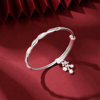 wholesale 999 Sterling Silver Dreamy Filigree Twist Bracelet for Women, Japanese and Korean Style Ins Bow French Bells Silver Bracelet-Pure silver wind chime bracelet (approximately 20.5g)
