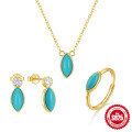 wholesale S925 Sterling Silver Turquoise Marquise Earrings, Necklace, and Ring Set for Women-0-8
