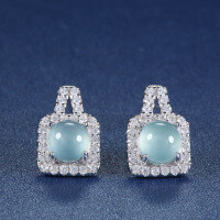 S925 Silver Square Encrusted NaturalBlue Water Jadeite Stud Earrings-Inlaid with natural Danish blue jadeite  925 silver