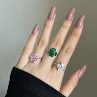 wholesale S925 Sterling Silver Women's Four-Leaf Clover Heart-Shaped Ring with Zirconia Inlay-DY120978-SW-WH 8