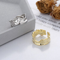 wholesale S925 Sterling Silver Korean-style Lava Tin Foil Textured Open Ring Ins Style Niche Design Light Luxury Wind Ring-DF209/white gold, approximately 4.1g Adjustable opening
