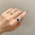 wholesale S925 Sterling Silver Star Track Oval Black Onyx Ring Matte Ins Simple and Stylish White Chalcedony Versatile Band-0-0