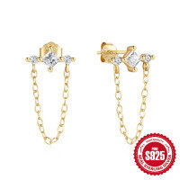 wholesale 925 Sterling Silver New Tassel Inlaid Diamond Versatile Ear Studs Earrings-Gold-White Diamond 925 Silver