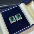 wholesale S925 Sterling Silver Emerald Stud Earrings for Women, Muzo Green with Inclusions, Simulated Diamond, High-Carbon Diamond, Colorfast, Silver Jewelry-0-2