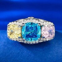 wholesale Metal material first: Moojing Jewelry European and American new style 2-carat simulated fancy color diamond ring for women, set with yellow, blue, and pink personalized full diamond color clash ring-R730 Colored Diamond Ring Size 5