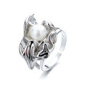 wholesale S925 Sterling Silver Irregular Pearl Petal Open Ring Extravagant Vintage Palace Style Ring for Women-0-4