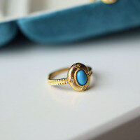 wholesale S925 silver inlaid with vintage natural Sleeping Beauty turquoise ring, silver plated with 18k gold, factory wholesale-Natural pine ring