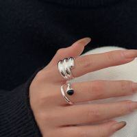 wholesale S925 Sterling Silver Heavy Workmanship Wide Band Open Ring for Women, Unique and Stylish Original Niche Design Ins Trendy Ring-Black agate model (opening + whole body sterling silver)