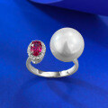 wholesale S925 Silver New Product 4*6 Pigeon Blood Red Zircon 12mm Pearl Openable Ring for Women Live Streaming-0-1