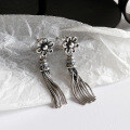 wholesale S925 sterling silver YH204 Korean-style versatile long vintage antiqued tassel floral earrings-0-1
