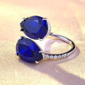 wholesale S925 silver new drop-shaped natural vintage blue sapphire 6*8mm adjustable open ring-0-2