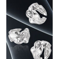 wholesale S925 pure silver wide open ring for women with Korean-style small, unique, minimalist, irregular pleats and textured design-0-1