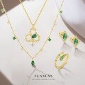 wholesale S925 Sterling Silver Four-Leaf Clover Necklace, Adjustable Snake Ring, and Emerald Zircon Earrings Set-0-0