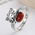 wholesale S925 Sterling Silver 3D Lucky Cat Coin Inlay with South Red Agate Ring Chinese Style Index Finger Ring-0-2