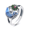 wholesale S925 Sterling Silver Vintage Enamel Resin Colorful Ethnic Lucky Carp Lotus Tassel Adjustable Ring-0-6